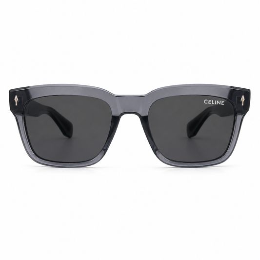 Celine 3831 Luxury Bold Square Sunglasses – Transparent Grey Acetate with Gold Celine Temple Branding & Dark Grey UV Protection Lenses