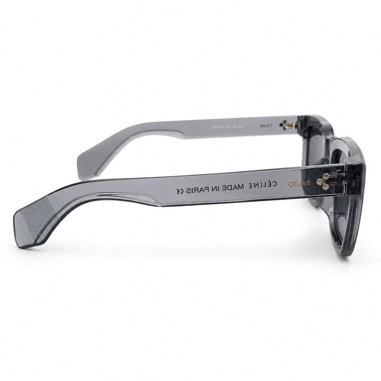 Celine 3831 Luxury Bold Square Sunglasses – Transparent Grey Acetate with Gold Celine Temple Branding & Dark Grey UV Protection Lenses