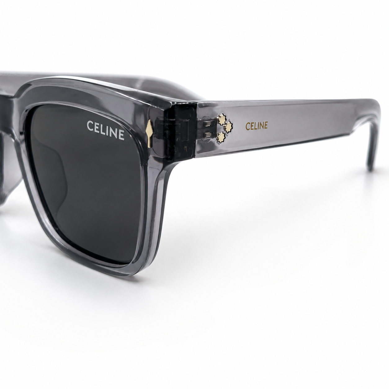 Celine 3831 Luxury Bold Square Sunglasses – Transparent Grey Acetate with Gold Celine Temple Branding & Dark Grey UV Protection Lenses