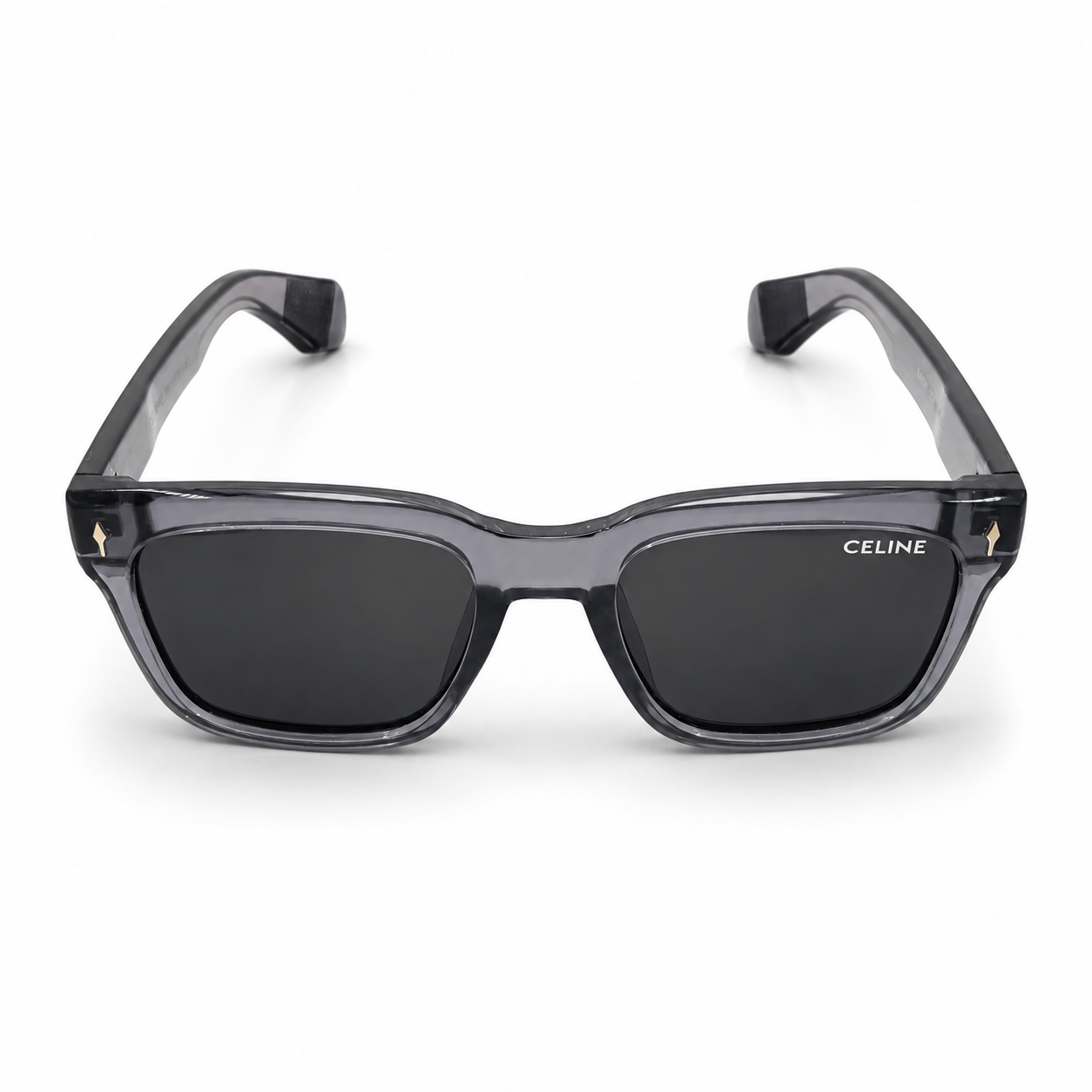Celine 3831 Luxury Bold Square Sunglasses – Transparent Grey Acetate with Gold Celine Temple Branding & Dark Grey UV Protection Lenses