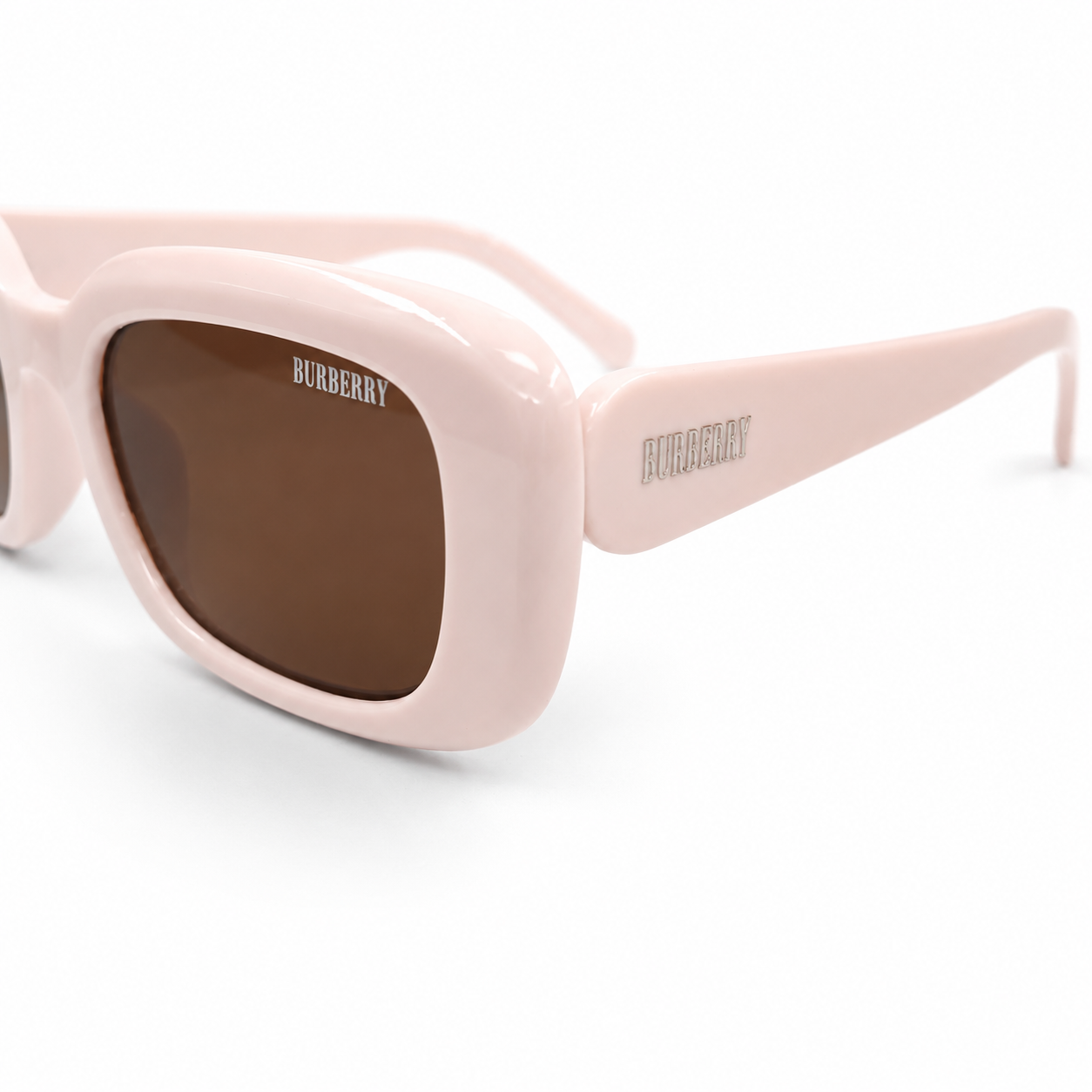 Burberry 3783 Luxury Bold Square Sunglasses – Glossy Blush Pink Acetate with Silver Burberry Temple Branding & Brown UV Protection Lenses