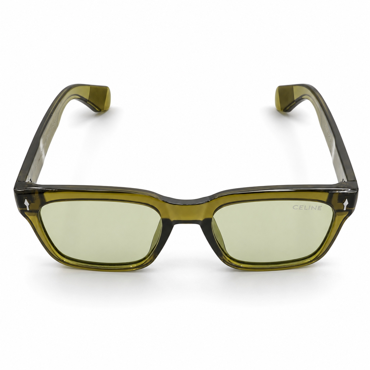 Celine 3831 Luxury Bold Square Sunglasses – Transparent Olive Green Acetate with Gold Celine Temple Branding & Light Green UV Protection Lenses