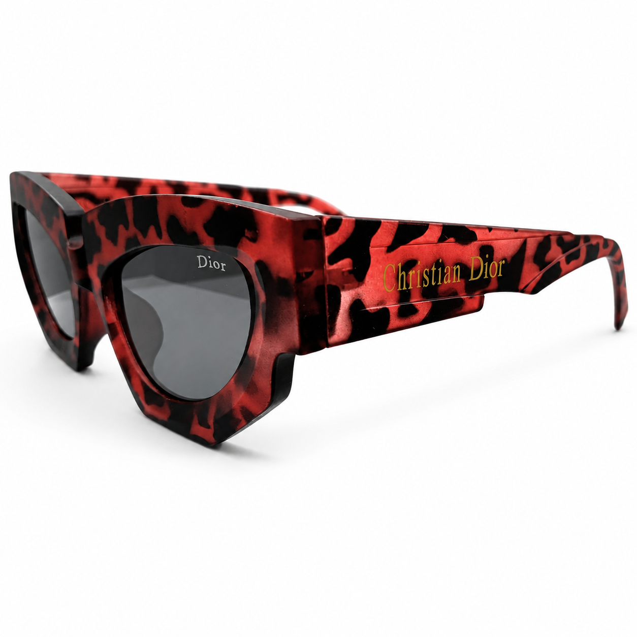 Christian Dior 5701 Luxury Bold Cat-Eye Sunglasses – Red Tortoise Acetate with Gold Christian Dior Temple Branding & Dark Grey UV Protection Lenses