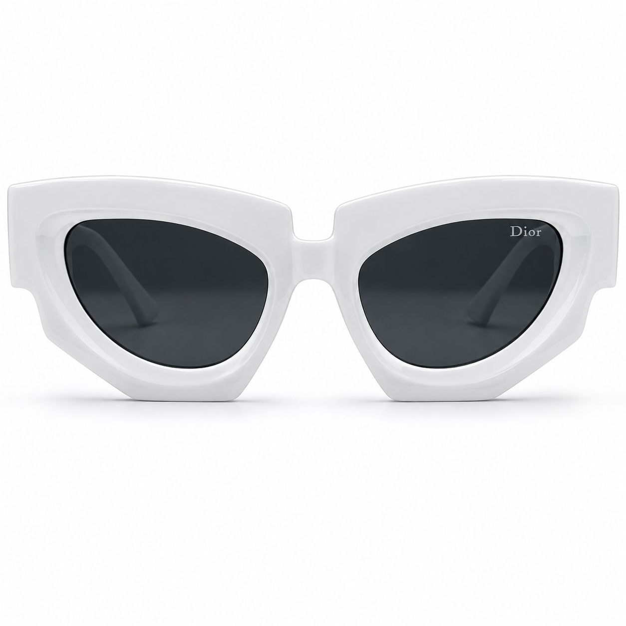 Christian Dior 5701 Luxury Bold Cat-Eye Sunglasses – Glossy White Acetate with Gold Christian Dior Temple Branding & Dark Grey UV Protection Lenses