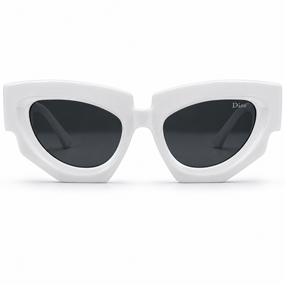 Christian Dior 5701 Luxury Bold Cat-Eye Sunglasses – Glossy White Acetate with Gold Christian Dior Temple Branding & Dark Grey UV Protection Lenses