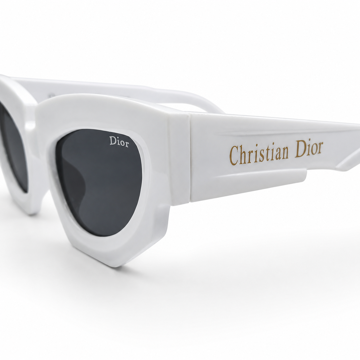 Christian Dior 5701 Luxury Bold Cat-Eye Sunglasses – Glossy White Acetate with Gold Christian Dior Temple Branding & Dark Grey UV Protection Lenses