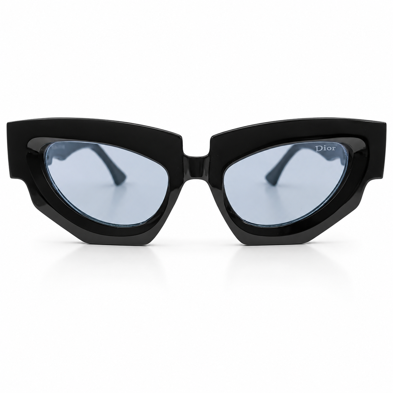 Christian Dior 5701 Luxury Bold Cat-Eye Sunglasses – Glossy Black Acetate with Gold Christian Dior Temple Branding & Light Blue UV Protection Lenses