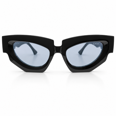Christian Dior 5701 Luxury Bold Cat-Eye Sunglasses – Glossy Black Acetate with Gold Christian Dior Temple Branding & Light Blue UV Protection Lenses