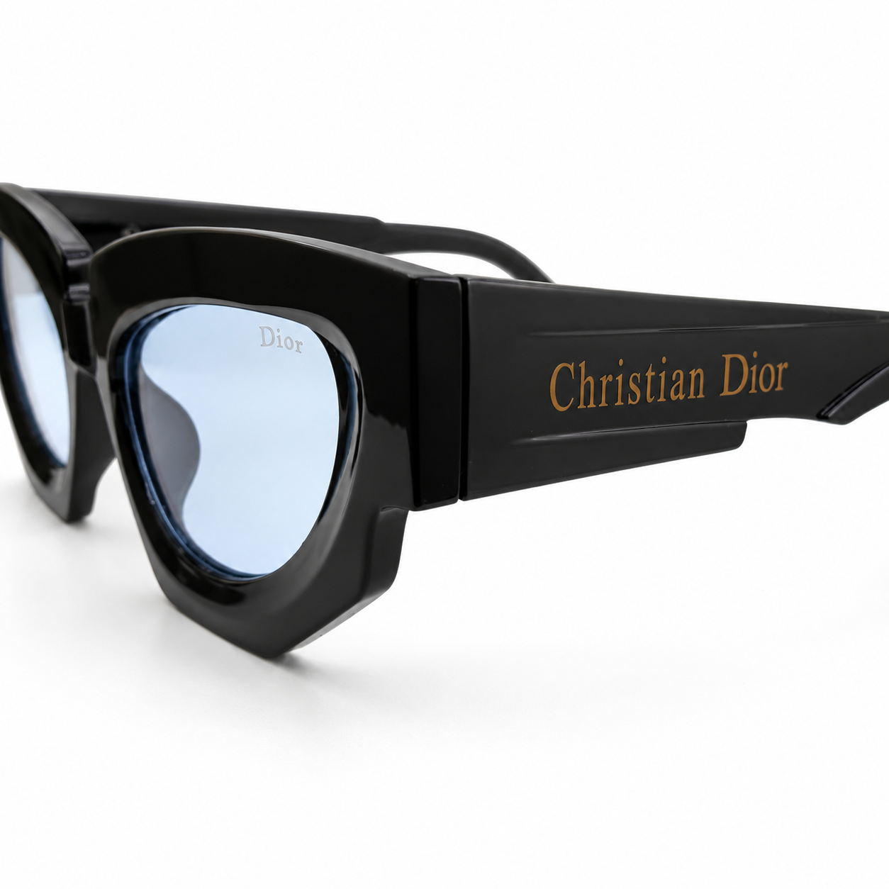 Christian Dior 5701 Luxury Bold Cat-Eye Sunglasses – Glossy Black Acetate with Gold Christian Dior Temple Branding & Light Blue UV Protection Lenses