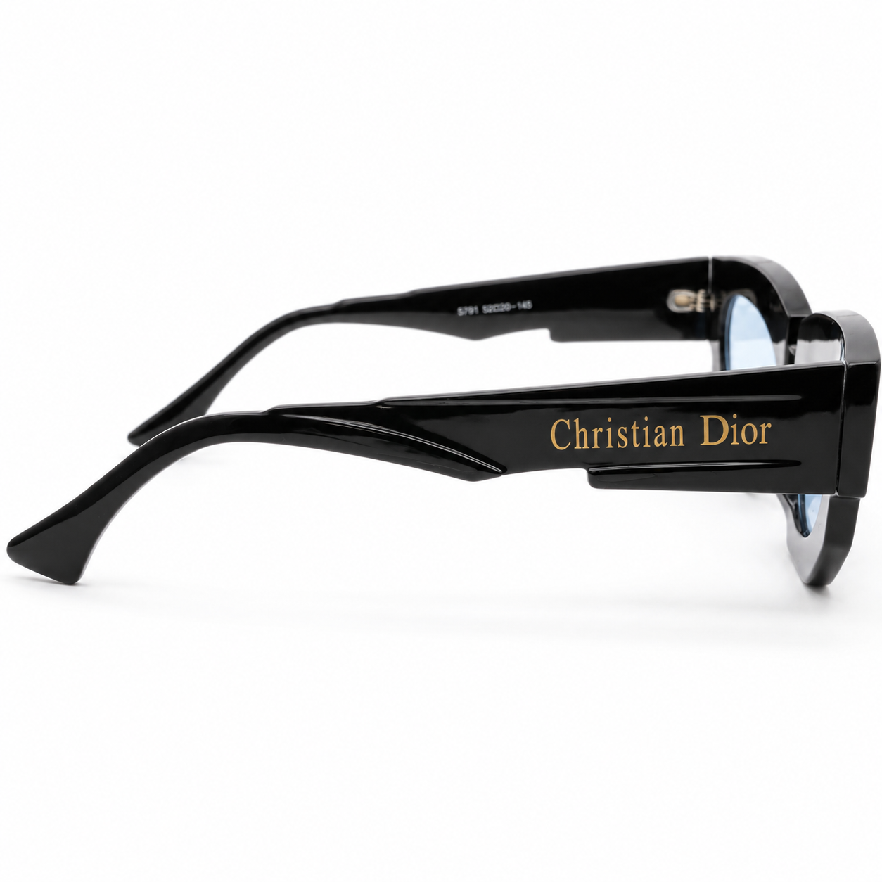 Christian Dior 5701 Luxury Bold Cat-Eye Sunglasses – Glossy Black Acetate with Gold Christian Dior Temple Branding & Light Blue UV Protection Lenses