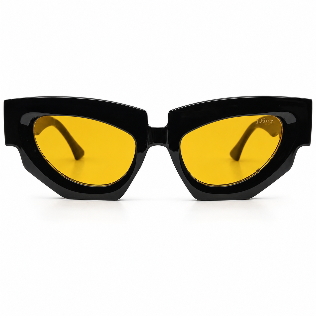Christian Dior 5701 Luxury Bold Cat-Eye Sunglasses – Glossy Black Acetate with Gold Christian Dior Temple Branding & Yellow UV Protection Lenses