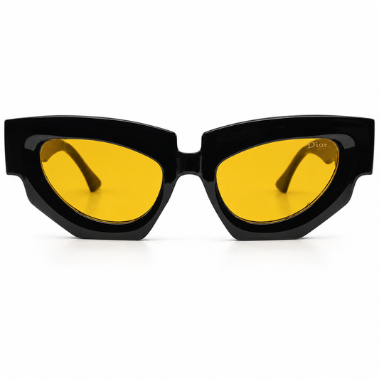 Christian Dior 5701 Luxury Bold Cat-Eye Sunglasses – Glossy Black Acetate with Gold Christian Dior Temple Branding & Yellow UV Protection Lenses