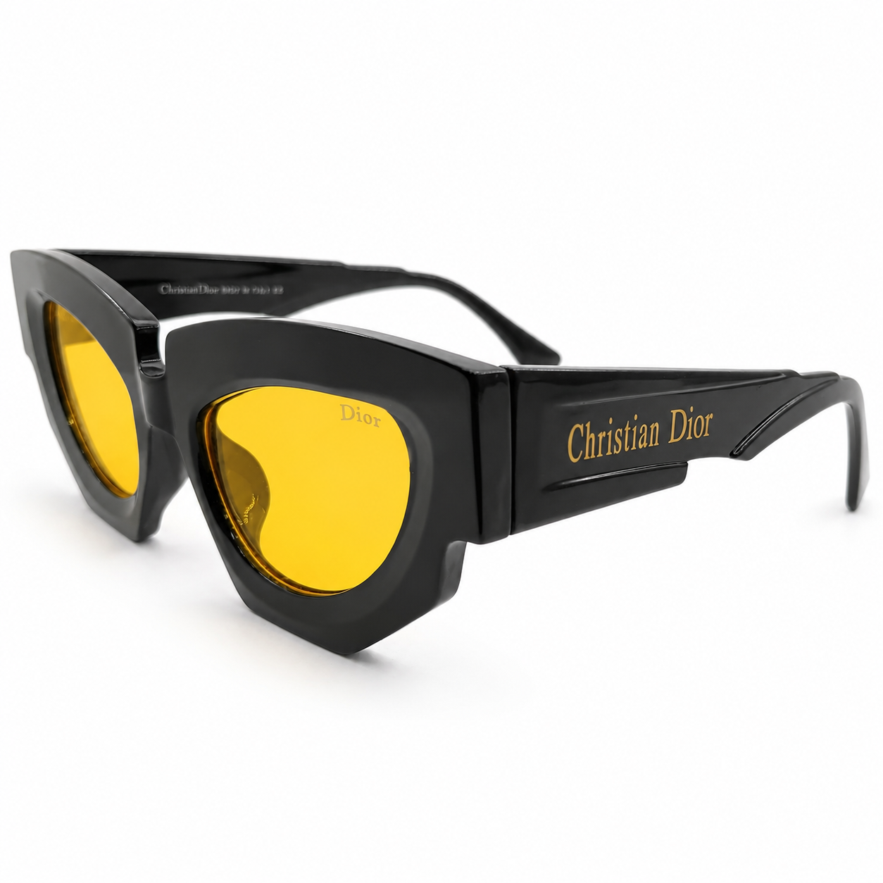 Christian Dior 5701 Luxury Bold Cat-Eye Sunglasses – Glossy Black Acetate with Gold Christian Dior Temple Branding & Yellow UV Protection Lenses