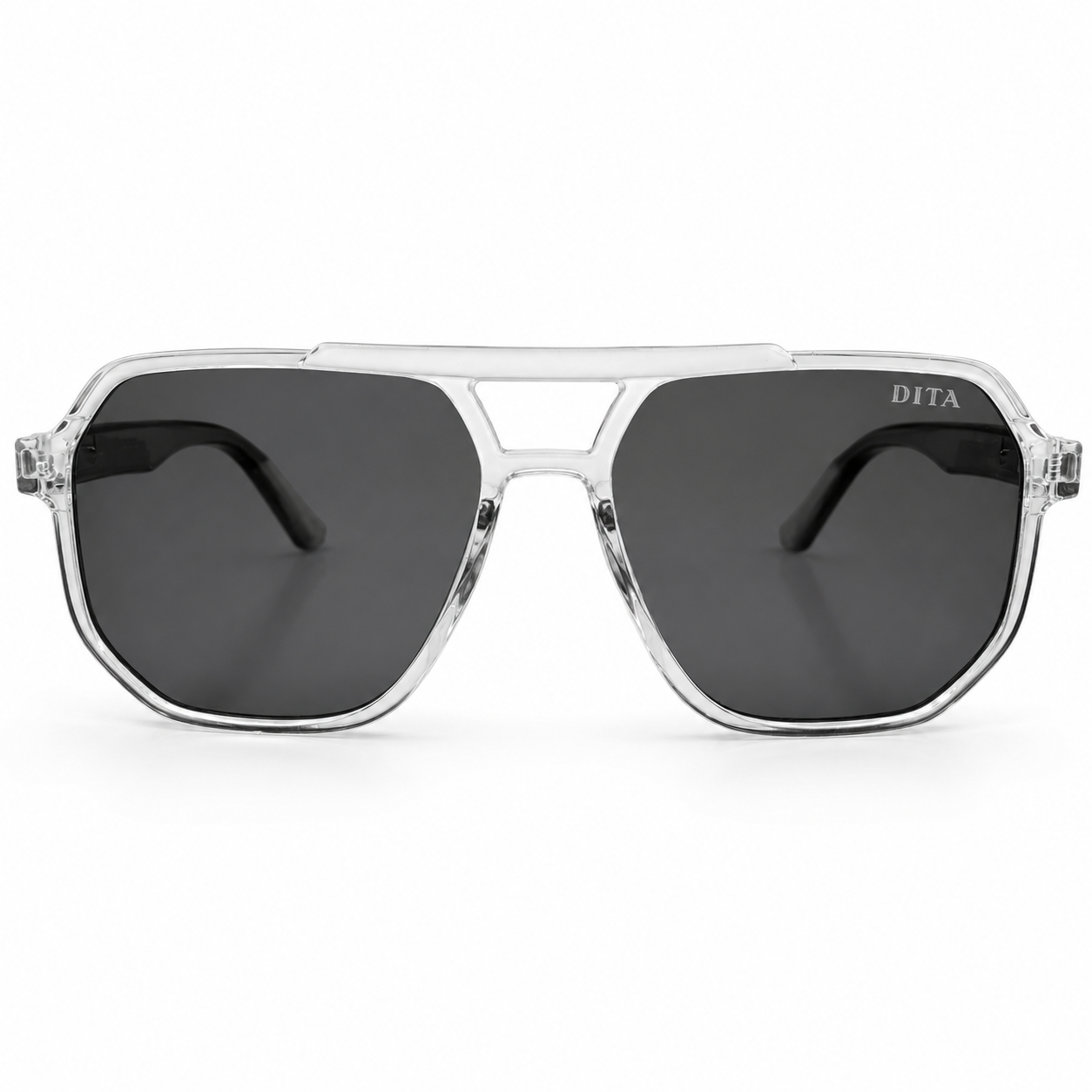 DITA 22058 Luxury Bold Aviator Sunglasses – Transparent Crystal Clear Acetate with Gold DITA Temple Detail & Dark Grey UV Protection Lenses
