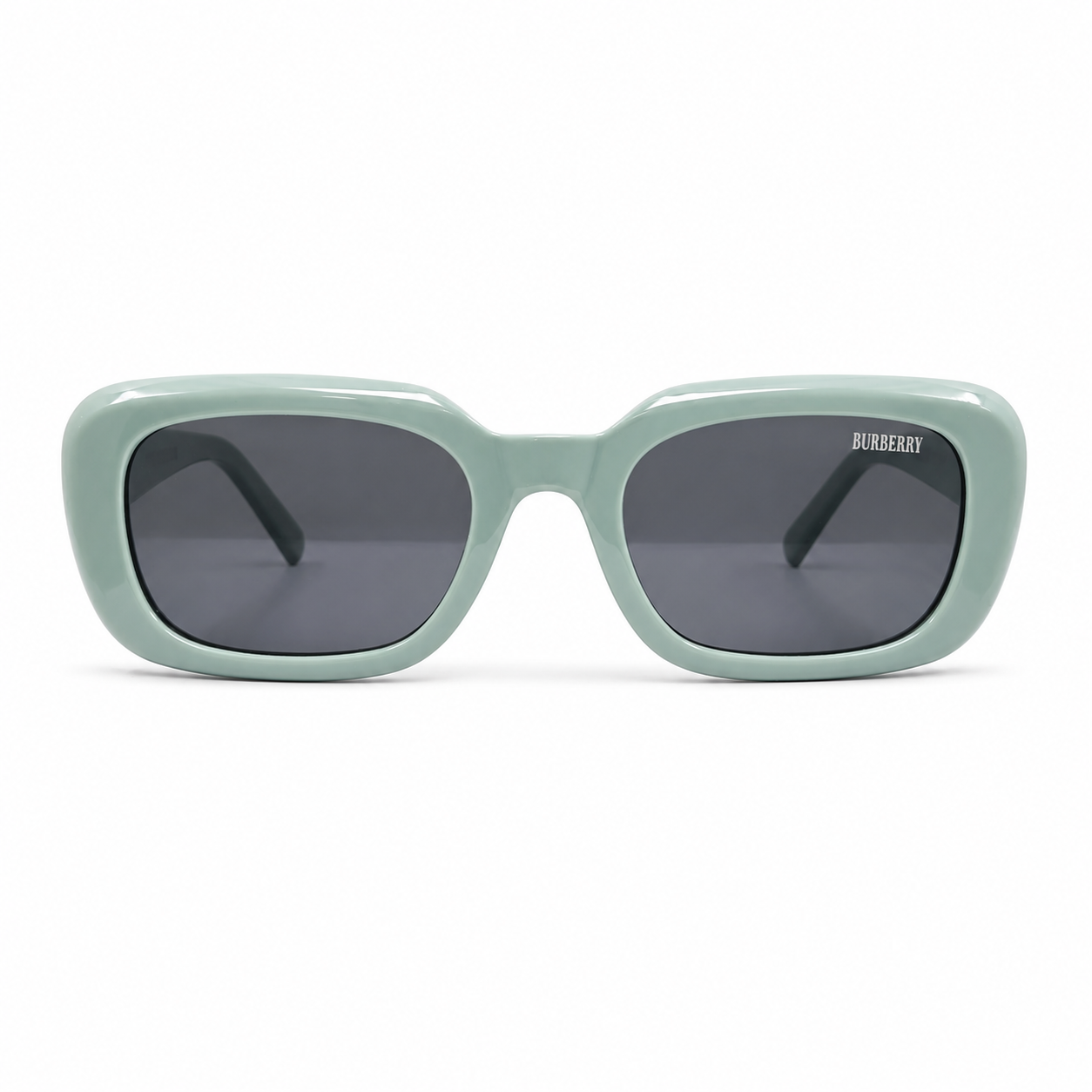 Burberry 3783 Luxury Bold Square Sunglasses – Glossy Mint Green Acetate with Silver Burberry Temple Branding & Dark Grey UV Protection Lenses