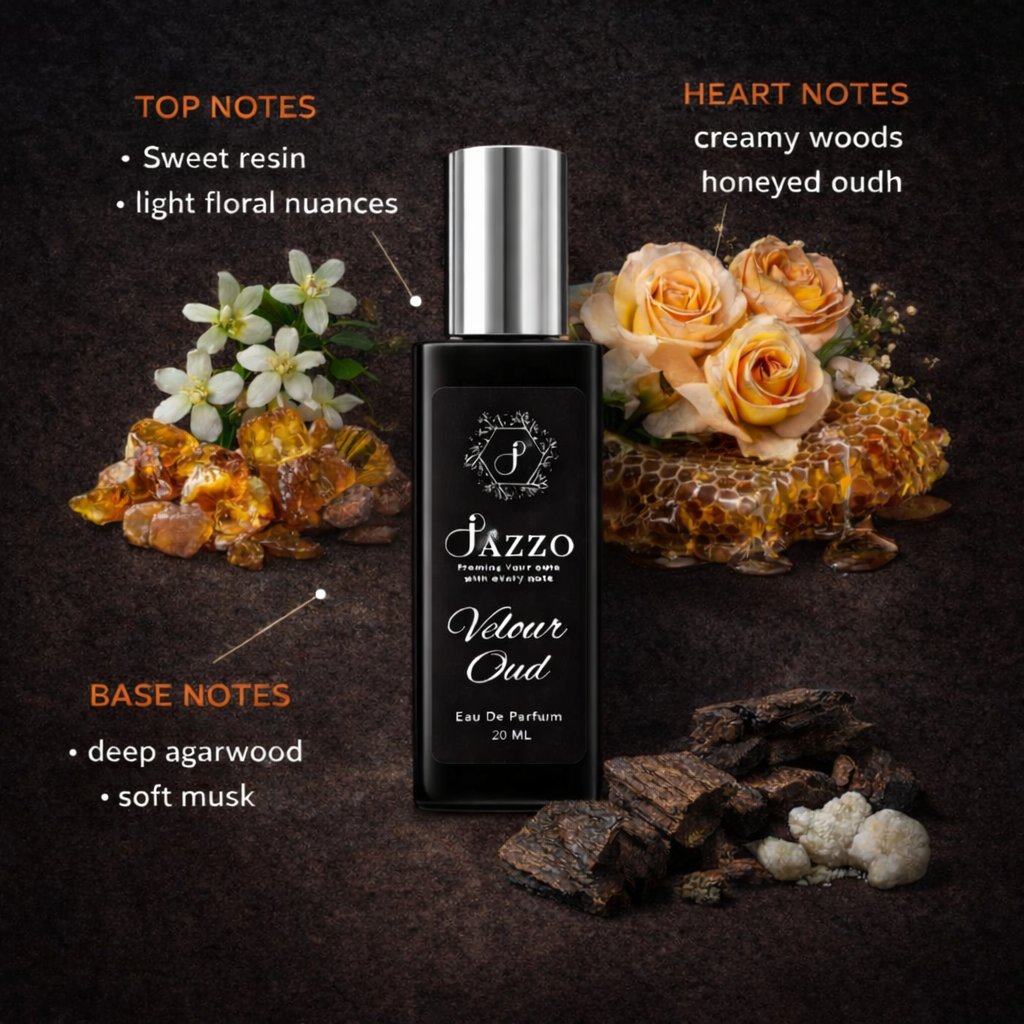 Jazzo Velour Oud perfume for men and women 20ML, long-lasting oud fragrance, premium luxury unisex scent for daily wear and parties