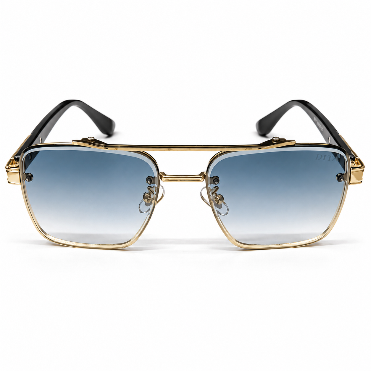 DITA 5G77 Luxury Square Aviator Sunglasses – Gold & Black with Blue Enamel Detailing, Double Bridge & Gradient Blue Lenses
