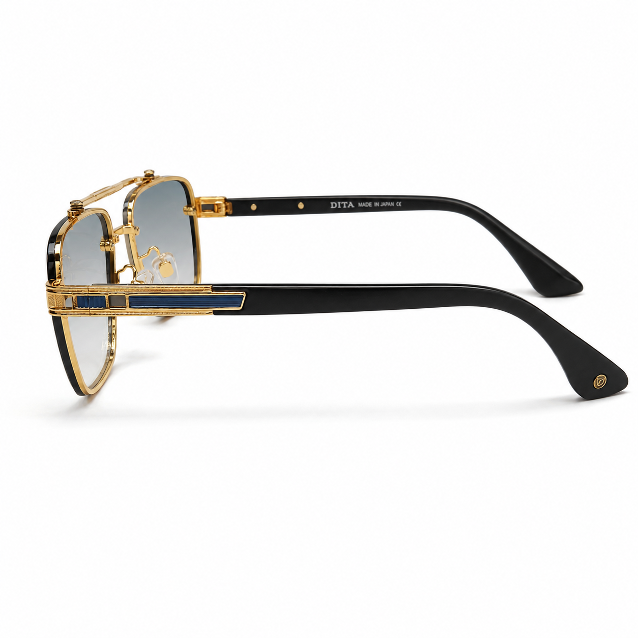 DITA 5G77 Luxury Square Aviator Sunglasses – Gold & Black with Blue Enamel Detailing, Double Bridge & Gradient Blue Lenses