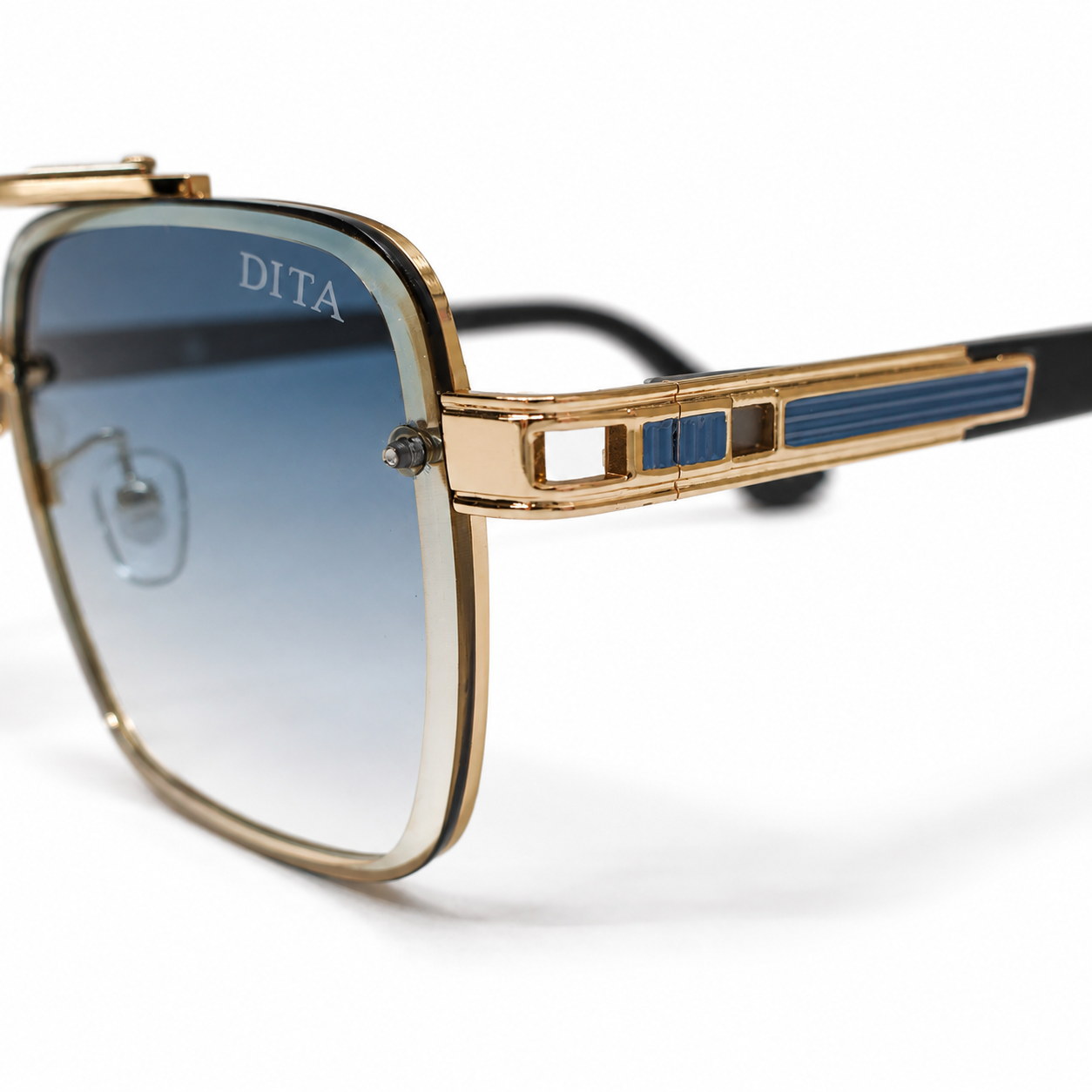 DITA 5G77 Luxury Square Aviator Sunglasses – Gold & Black with Blue Enamel Detailing, Double Bridge & Gradient Blue Lenses