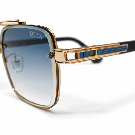 DITA 5G77 Luxury Square Aviator Sunglasses – Gold & Black with Blue Enamel Detailing, Double Bridge & Gradient Blue Lenses
