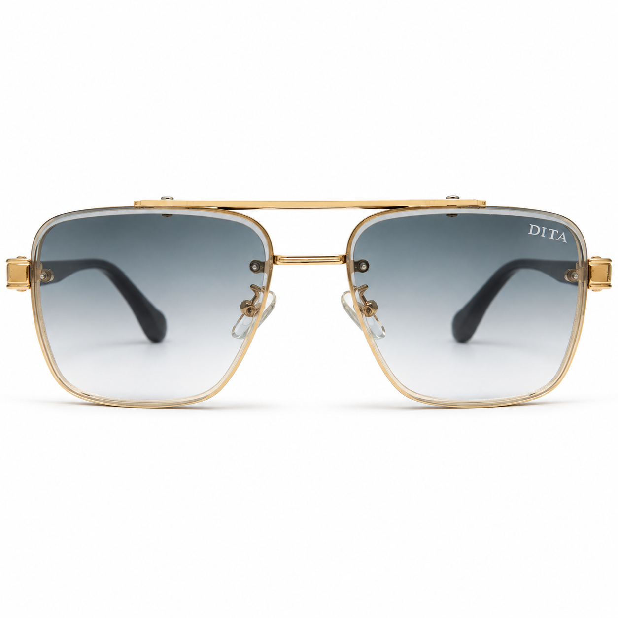DITA 5G77 Luxury Square Aviator Sunglasses – Gold & Black with Blue Enamel Detailing, Double Bridge & Gradient Blue Lenses