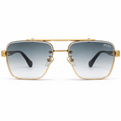 DITA 5G77 Luxury Square Aviator Sunglasses – Gold & Black with Blue Enamel Detailing, Double Bridge & Gradient Blue Lenses