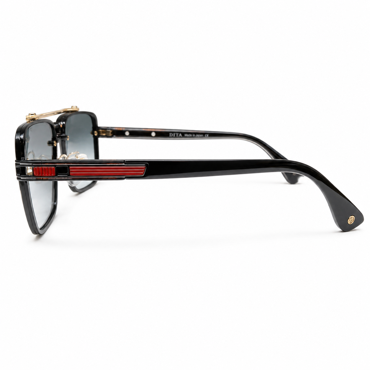 DITA 5G77 Luxury Square Aviator Sunglasses – Matte Black with Red Enamel Detailing, Double Bridge & Gradient Grey Lenses