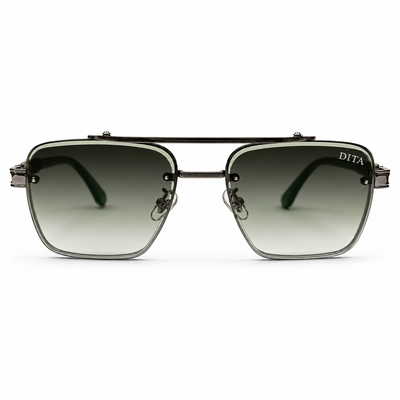 DITA 5G77 Luxury Square Aviator Sunglasses – Gunmetal & Green with Gradient Green Lenses & Silver Metal Frame