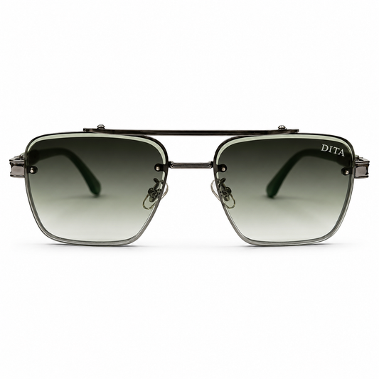 DITA 5G77 Luxury Square Aviator Sunglasses – Gunmetal & Green with Gradient Green Lenses & Silver Metal Frame
