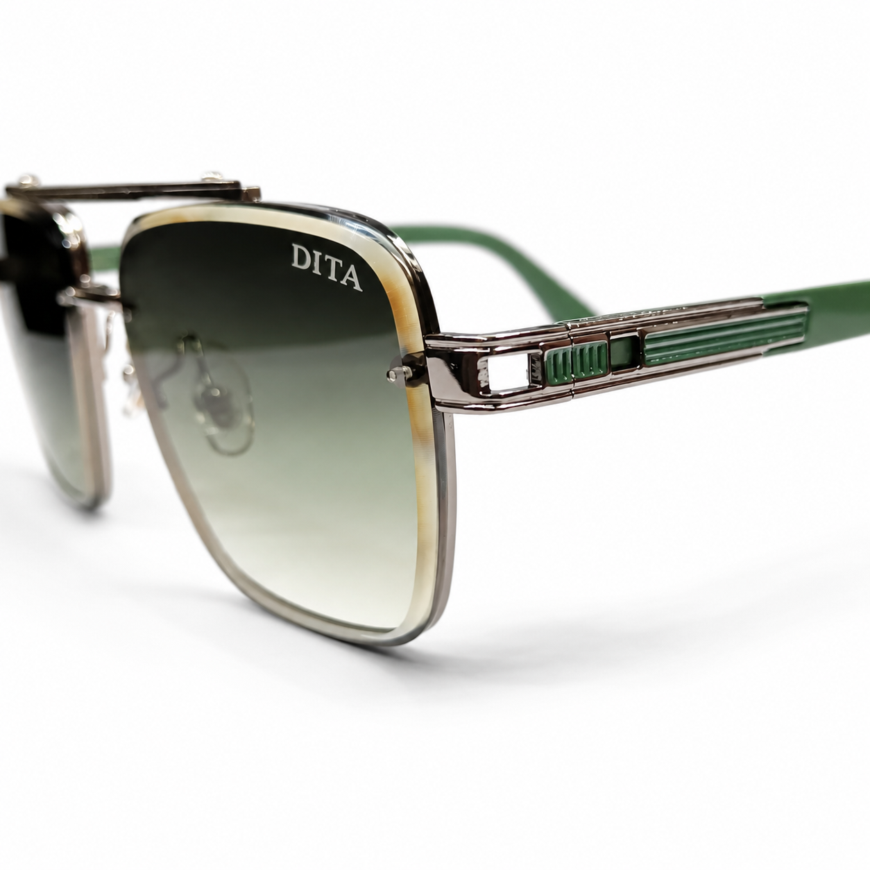 DITA 5G77 Luxury Square Aviator Sunglasses – Gunmetal & Green with Gradient Green Lenses & Silver Metal Frame