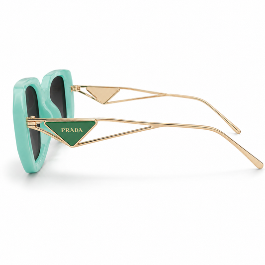 Prada 02 Designer Oversized Square Sunglasses – Aqua Mint Green with Gold Wire Temples, Prada Triangle Logo & Dark Grey UV Protection Lenses