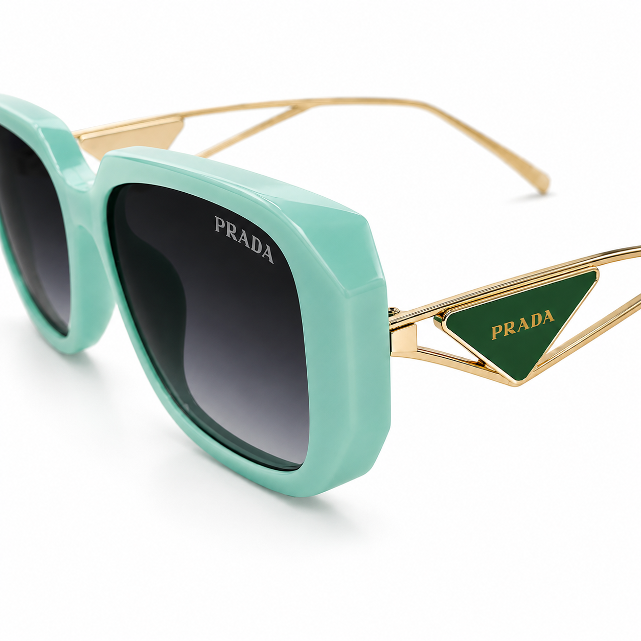 Prada 02 Designer Oversized Square Sunglasses – Aqua Mint Green with Gold Wire Temples, Prada Triangle Logo & Dark Grey UV Protection Lenses