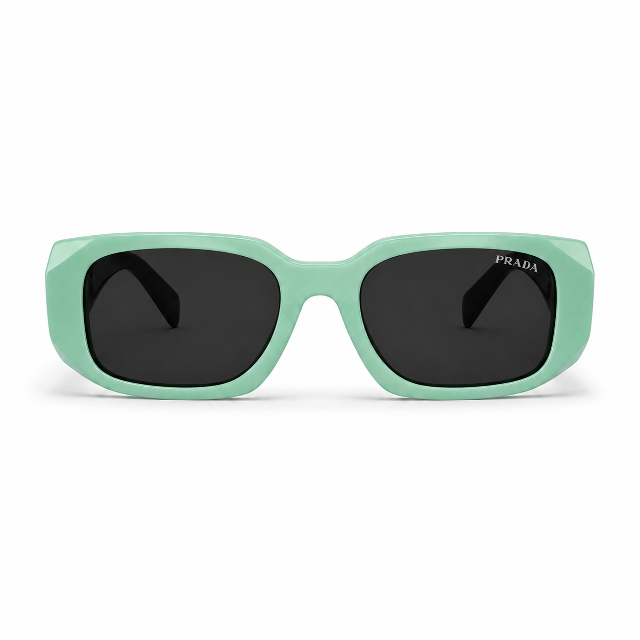 Prada 02 Designer Oversized Square Sunglasses – Aqua Mint Green with Gold Wire Temples, Prada Triangle Logo & Dark Grey UV Protection Lenses
