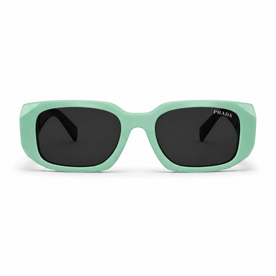 Prada 02 Designer Oversized Square Sunglasses – Aqua Mint Green with Gold Wire Temples, Prada Triangle Logo & Dark Grey UV Protection Lenses