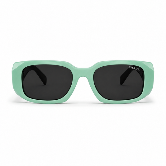 Prada 02 Designer Oversized Square Sunglasses – Aqua Mint Green with Gold Wire Temples, Prada Triangle Logo & Dark Grey UV Protection Lenses