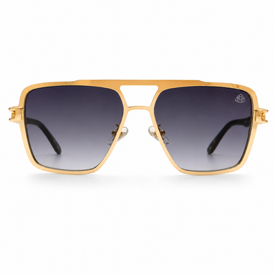 Maybach 5G218 Designer Square Aviator Sunglasses – Gold Metal & Black Acetate with Maybach Logo Hinge, Double Bridge & Gradient Grey UV Protection Lenses