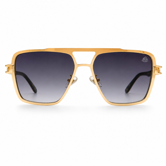 Maybach 5G218 Designer Square Aviator Sunglasses – Gold Metal & Black Acetate with Maybach Logo Hinge, Double Bridge & Gradient Grey UV Protection Lenses