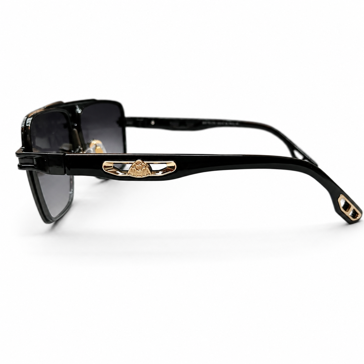 Maybach 5G218 Designer Square Aviator Sunglasses – Glossy Black with Gold Maybach Logo Hinge, Double Bridge & Gradient Grey UV Protection Lenses