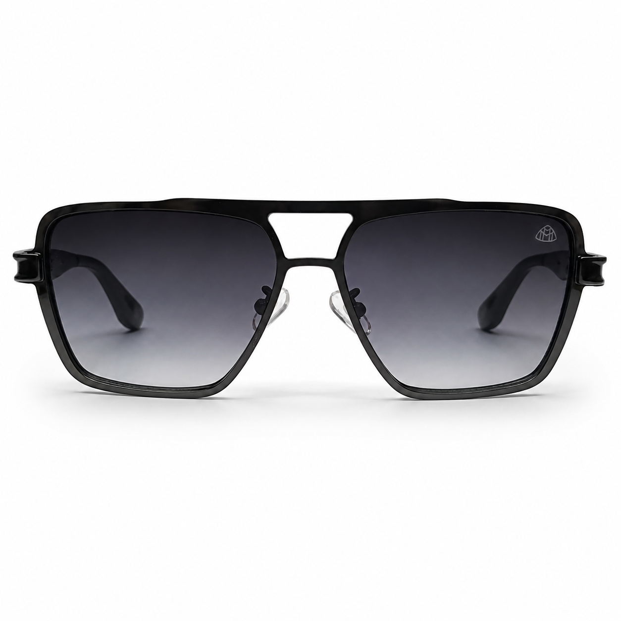 Maybach 5G218 Designer Square Aviator Sunglasses – Glossy Black with Gold Maybach Logo Hinge, Double Bridge & Gradient Grey UV Protection Lenses