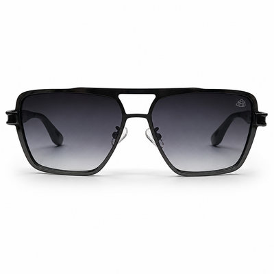 Maybach 5G218 Designer Square Aviator Sunglasses – Glossy Black with Gold Maybach Logo Hinge, Double Bridge & Gradient Grey UV Protection Lenses