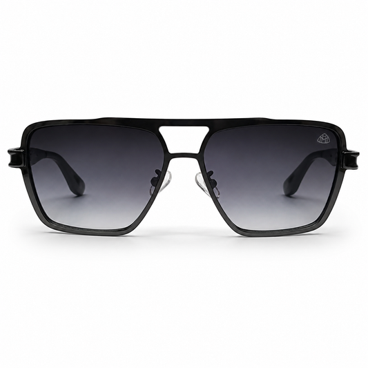 Maybach 5G218 Designer Square Aviator Sunglasses – Glossy Black with Gold Maybach Logo Hinge, Double Bridge & Gradient Grey UV Protection Lenses