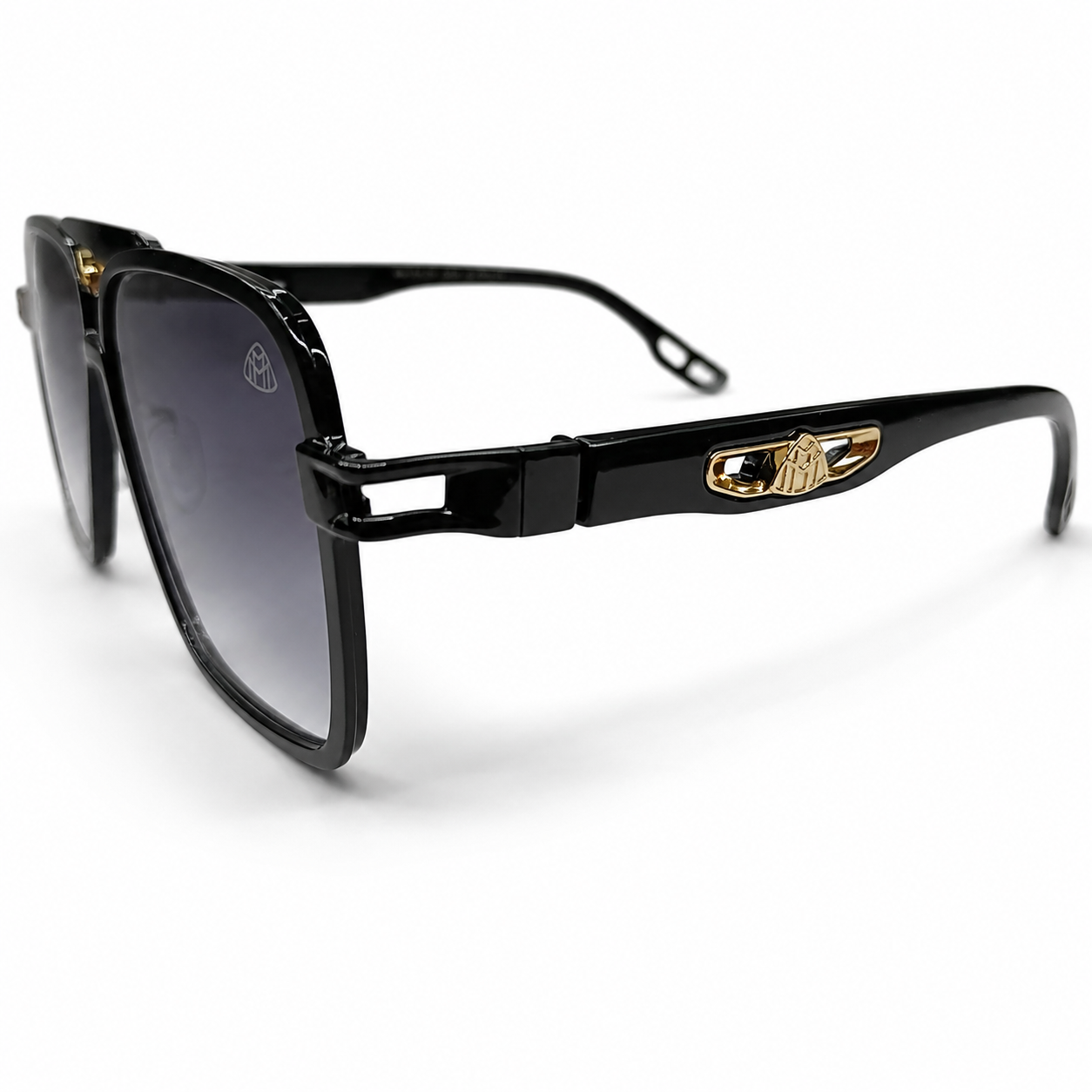 Maybach 5G218 Designer Square Aviator Sunglasses – Glossy Black with Gold Maybach Logo Hinge, Double Bridge & Gradient Grey UV Protection Lenses