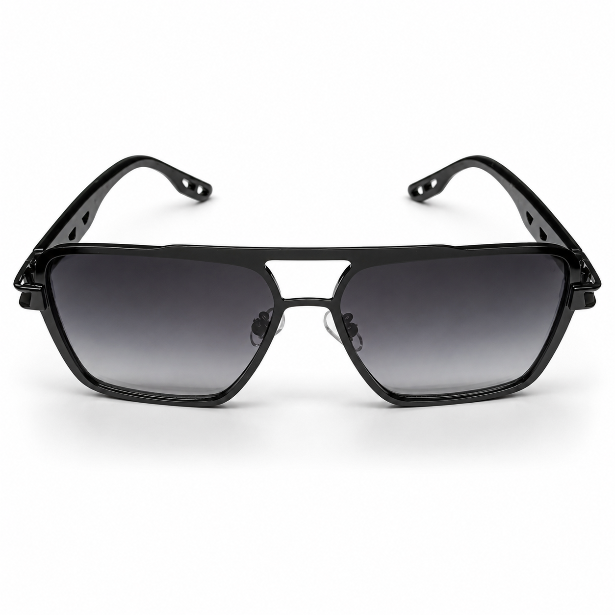 Maybach 5G218 Designer Square Aviator Sunglasses – Glossy Black with Gold Maybach Logo Hinge, Double Bridge & Gradient Grey UV Protection Lenses