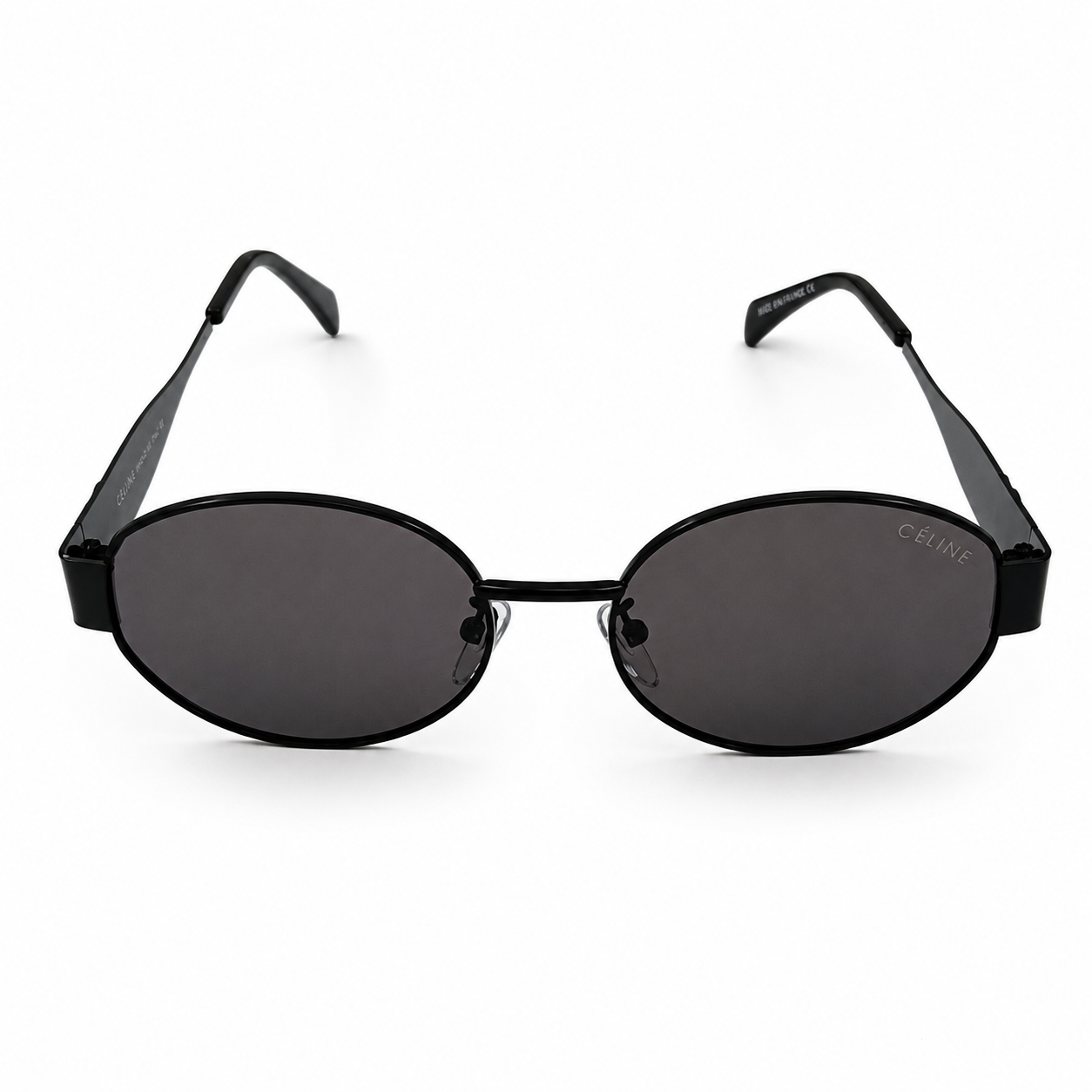 Celine 2380 Designer Oval Sunglasses – All Matte Black with Signature Celine Triomphe Logo & Dark Grey UV Protection Lenses Made in Italy