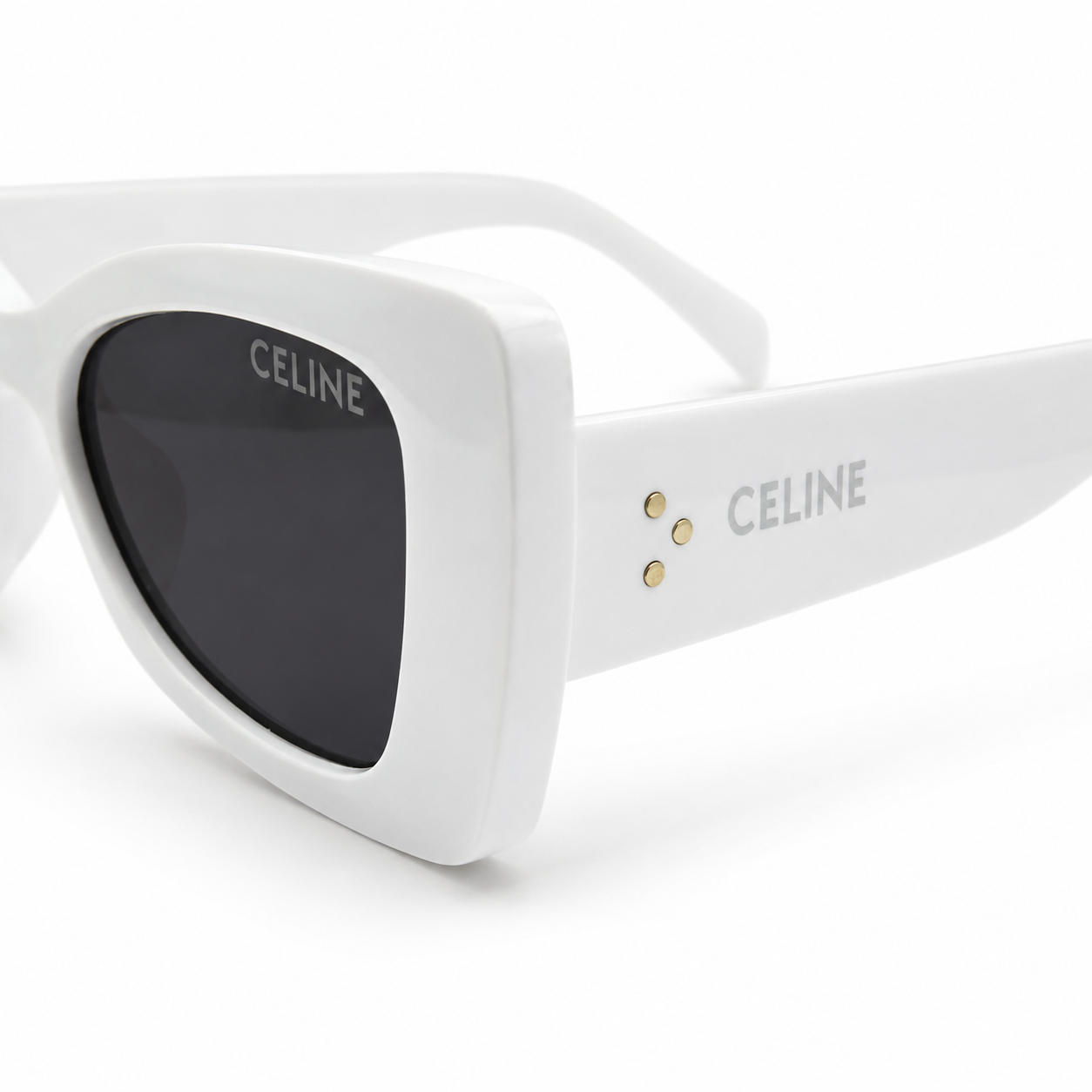 Celine 3743 Designer Bold Cat-Eye Sunglasses – Pure White Acetate with Gold Dot Detail, Celine Branding & Dark Grey UV Protection Lenses