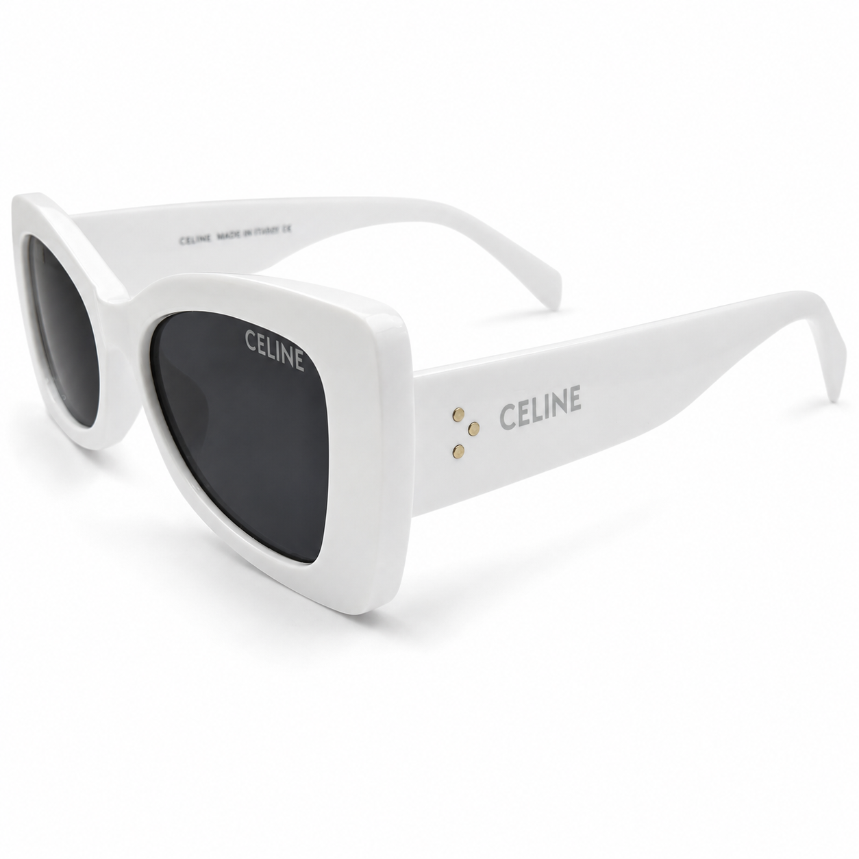 Celine 3743 Designer Bold Cat-Eye Sunglasses – Pure White Acetate with Gold Dot Detail, Celine Branding & Dark Grey UV Protection Lenses