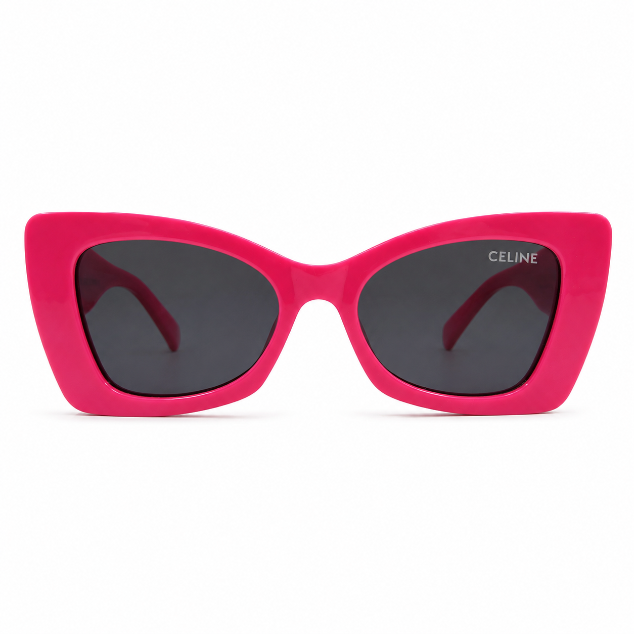 Celine 3743 Designer Bold Cat-Eye Sunglasses – Hot Pink Fuchsia Acetate with Silver Celine Branding & Dark Grey UV Protection Lenses