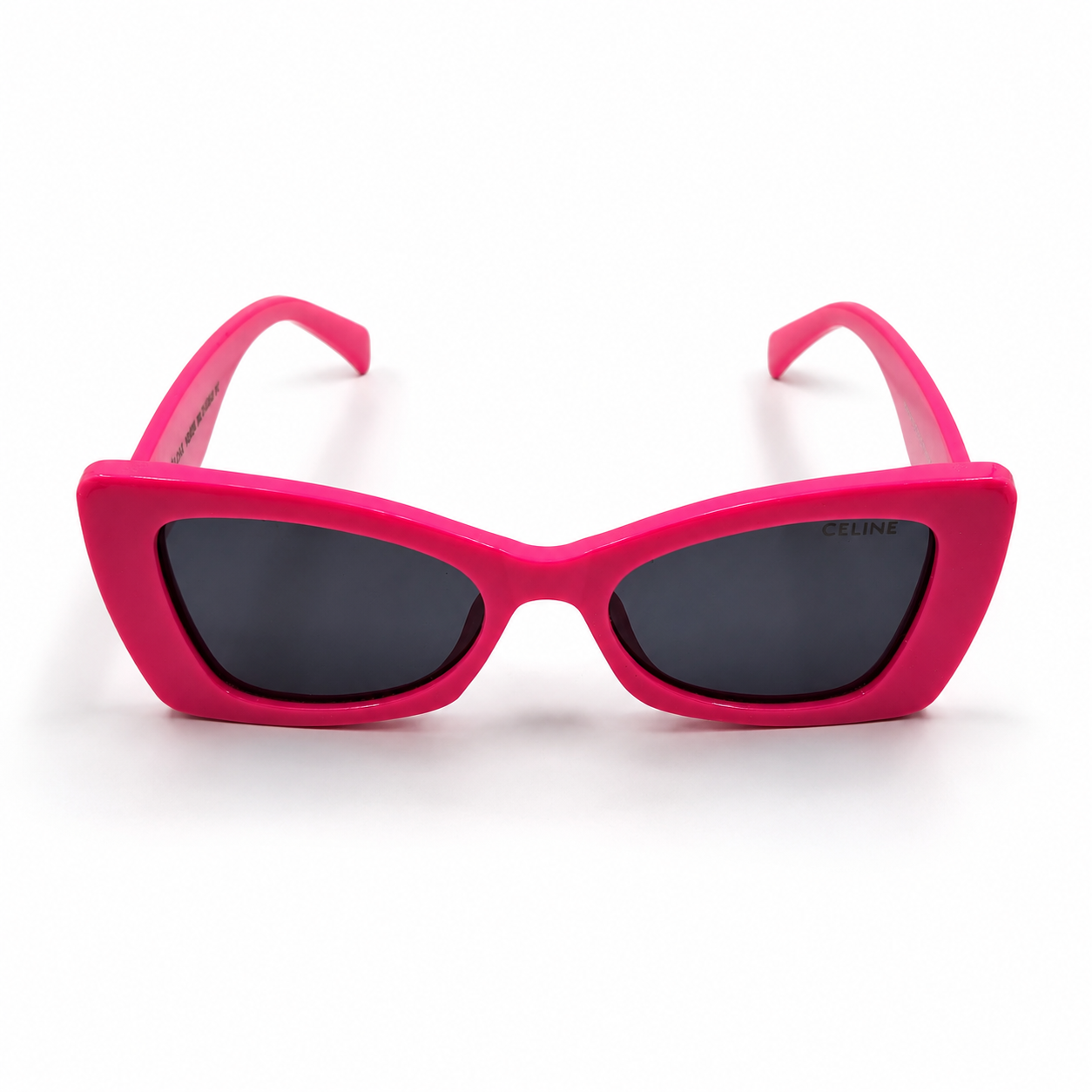 Celine 3743 Designer Bold Cat-Eye Sunglasses – Hot Pink Fuchsia Acetate with Silver Celine Branding & Dark Grey UV Protection Lenses