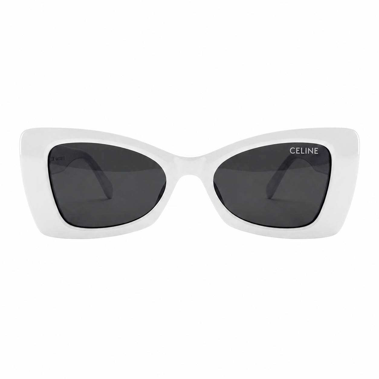Celine 3743 Designer Bold Cat-Eye Sunglasses – Pure White Acetate with Gold Dot Detail, Celine Branding & Dark Grey UV Protection Lenses