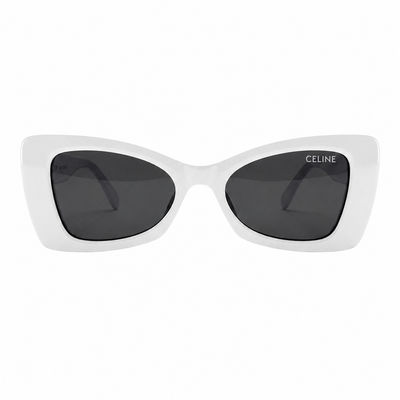 Celine 3743 Designer Bold Cat-Eye Sunglasses – Pure White Acetate with Gold Dot Detail, Celine Branding & Dark Grey UV Protection Lenses